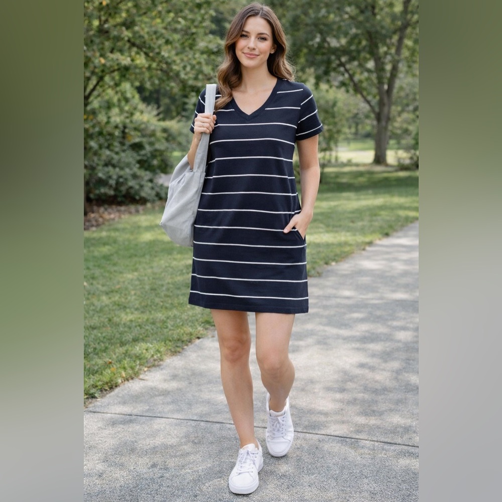 C&C California Dark Blue V-Neck dress with White Stripes